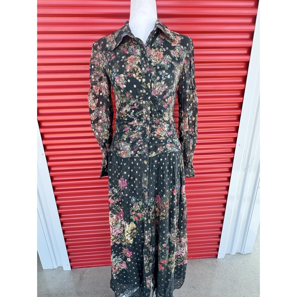 Rococo Jane Sand Shirt Dress Womens Medium Black Floral Metallic Maxi Boho NWT